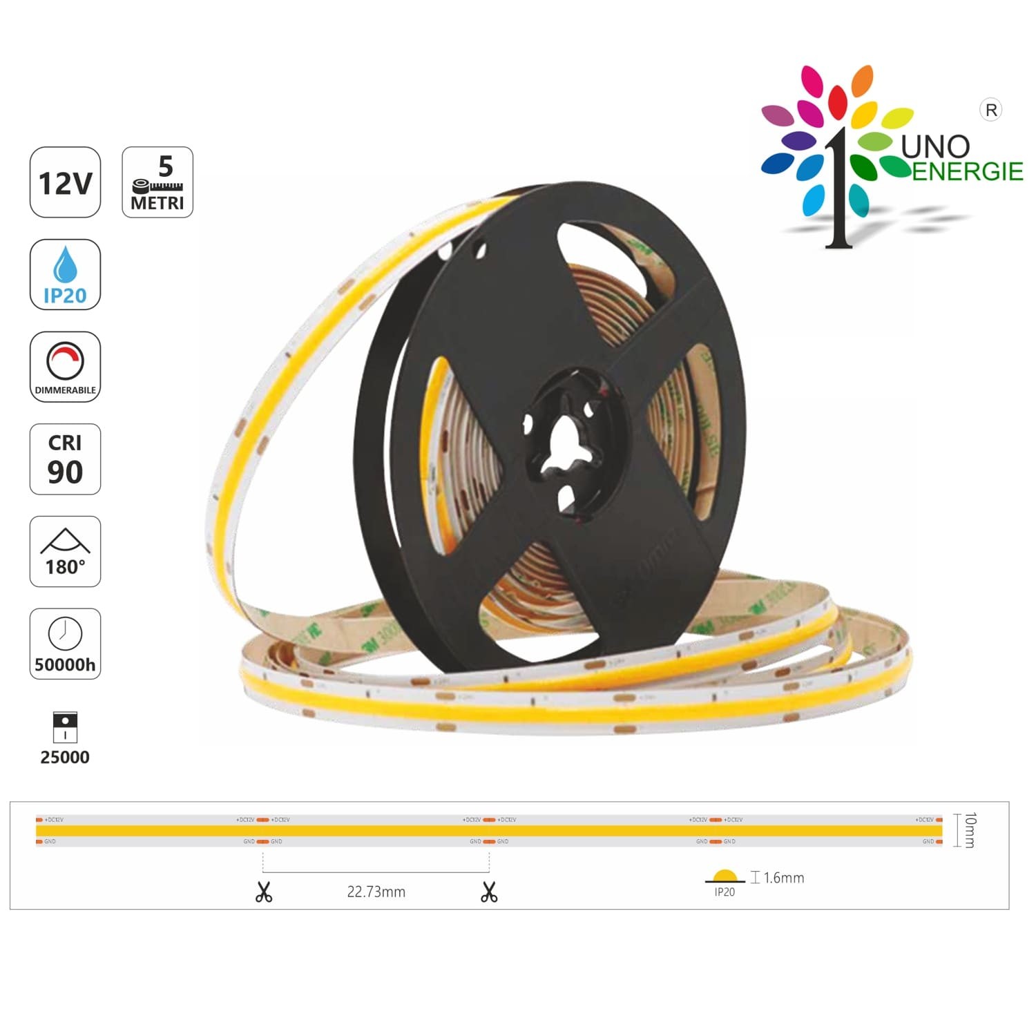 STRISCA LED COB IP20 5m 3000K/4000K/6500K 12V 15W/m 1300lm/m/1400lm/m/1500lm/m/