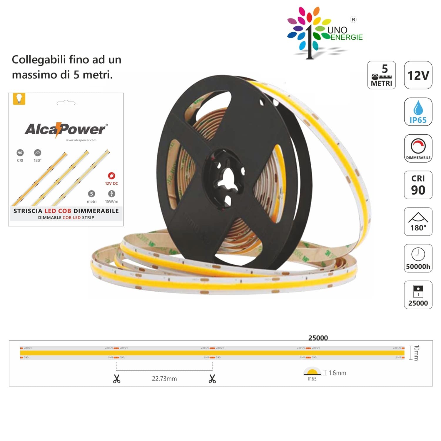 STRISCA LED COB IP65 5m 3000K/4000K/6500K 12V 15W/m 1300lm/m/1400lm/m/1500lm/m/