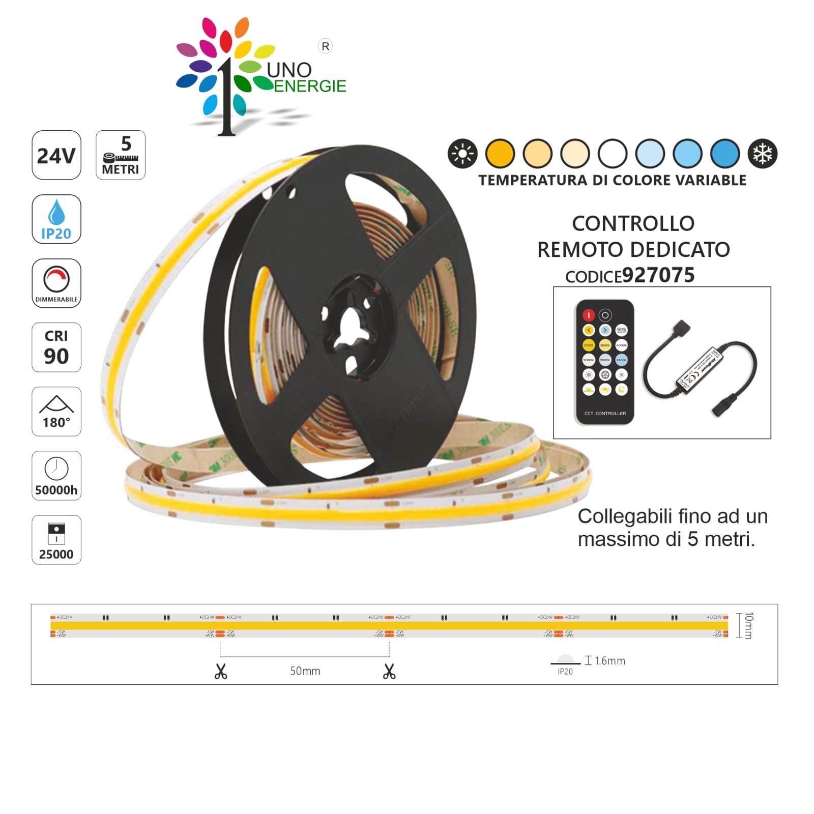 STRISCIA LED COB CCT IP20 5m 2700K-6500K 24V 8+8W/m
