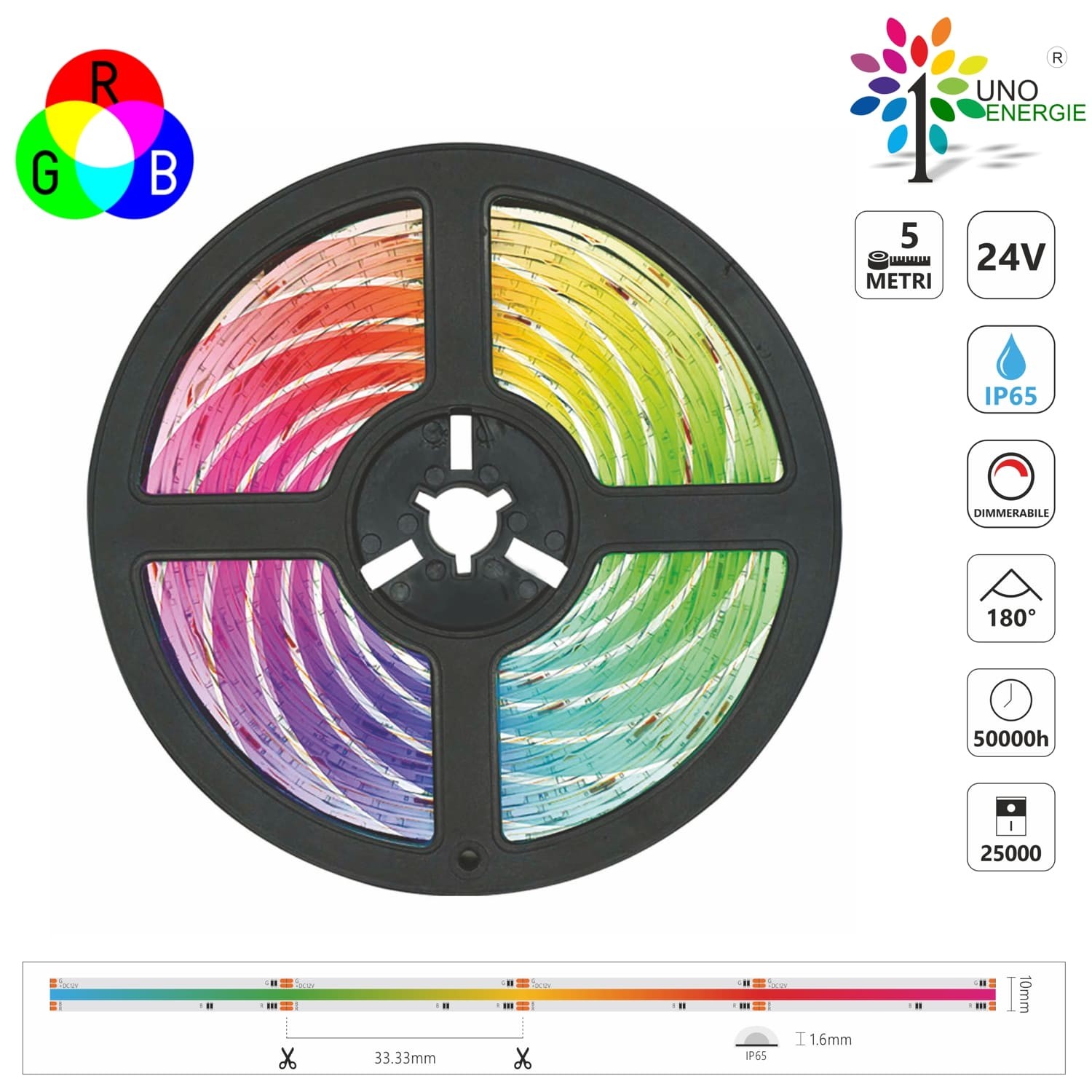 STRISCIA LED COB IP65 5 METRI RGB 24V 15W/m